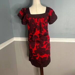 French Connection Floral Print babydoll Dress Pockets‎ Button Front Red Brown